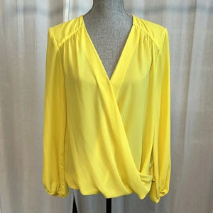 INC Wrap V Neck Long Sleeve Blouse in Yellow, Size M